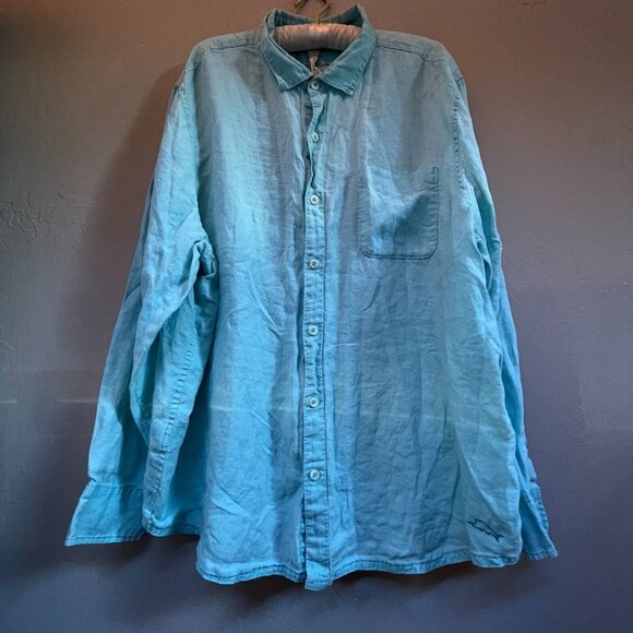 Tommy Bahama Men's Button Up Relax Fit Linen Shirt XXL Green Long Sleeve Pocket